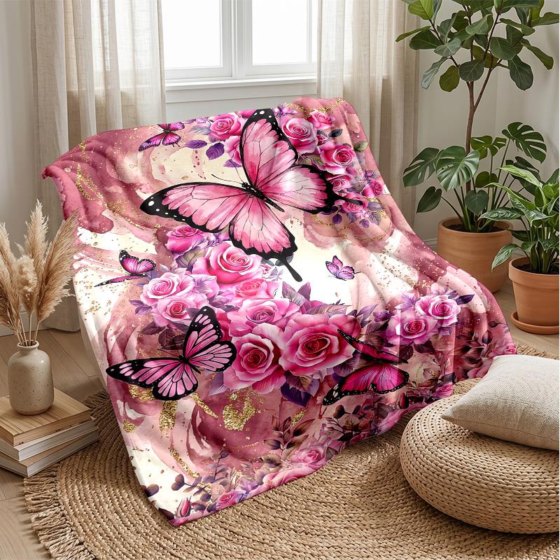 Pig with Flower Necklace Among Butterflies and Roses Theme Blanket Lightweight Warm Flannel Blanket Decorative Throw Blanket for Home Decoration