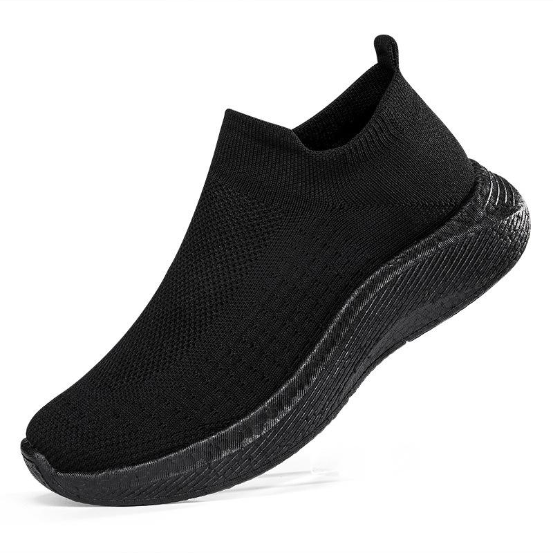 New All-black Women's Shoes Mesh Breathable Fly-woven Socks Shoes Non-slip Soft-soled Walking Casual Sports Shoes Men