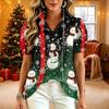 Women's Casual V-Neck Ruffle Short Sleeve Button-Front Top with Christmas Print