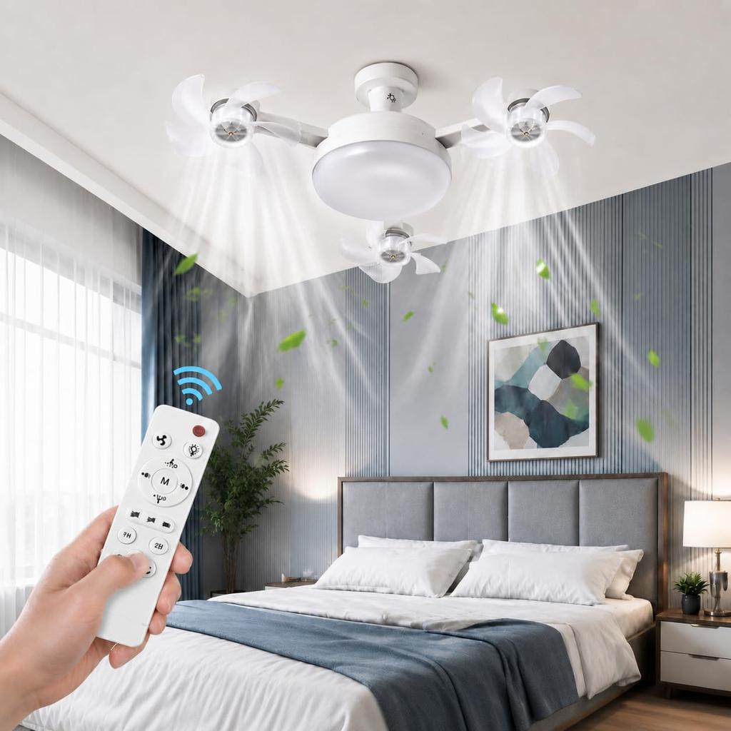 2-in-1 lamp fan light, spiral ceiling fan with controller (3 heads) | LED ceiling fan with foldable blades, 3 color temperatures, quiet breeze, 1 unit