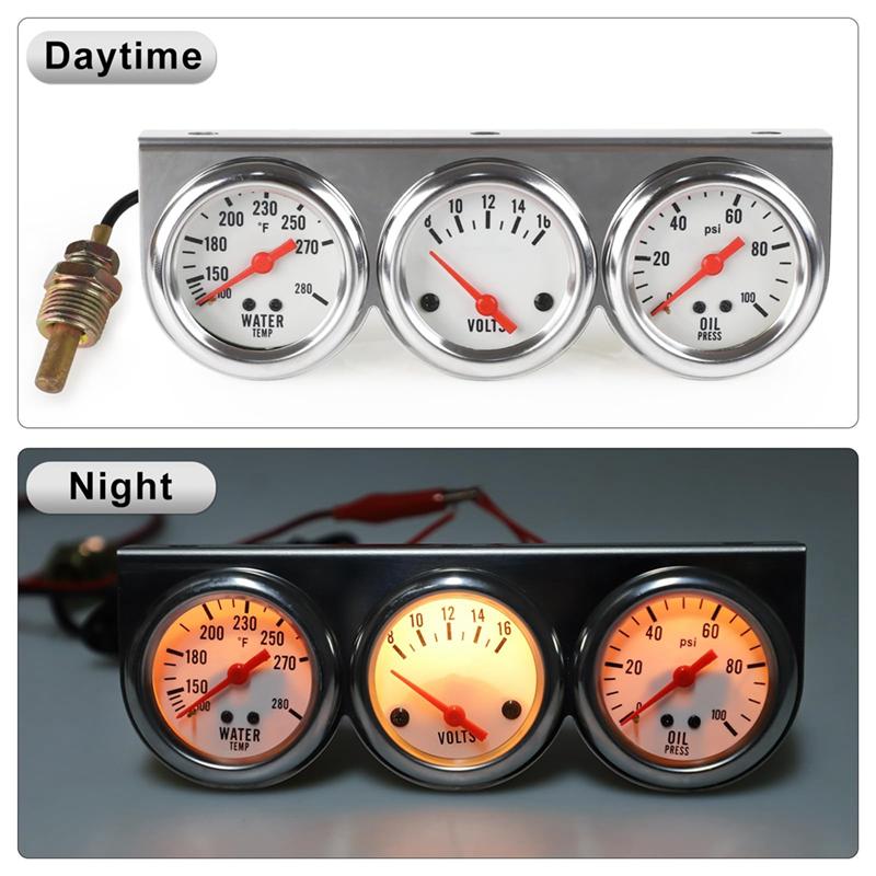NEW-Triple Gauge Kit Oil/Volt/Water Gauge 2 Inch Chrome Oil Temp Water Temp Gauge Temperature Oil Pressure Voltage Gauge