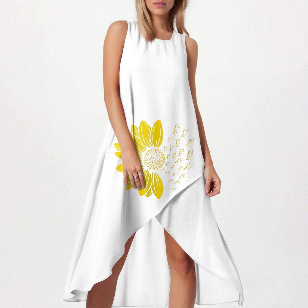 Women's Loose Casual Fashion Square Round Neck Solid Color Dress Beach Skirt Slit Side Sleeveless Cotton And Linen Skirt