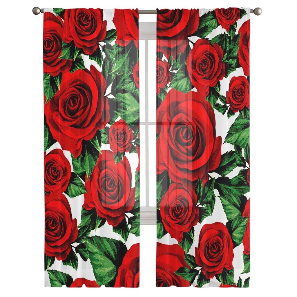 Valentine'S Day Flower Red Rose Flower Tulle Curtains for Living Room Kitchen Sheer Voile Curtain Bedroom Window Panels