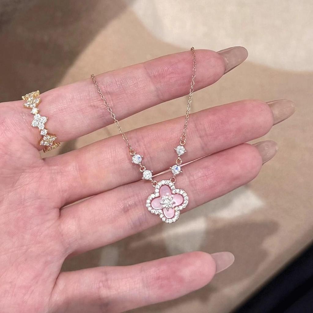 Rosa Muschel Diamant Vierblättriges Kleeblatt Halskette - Damen Luxus Elegant Vielseitig Schlüsselbein Kette