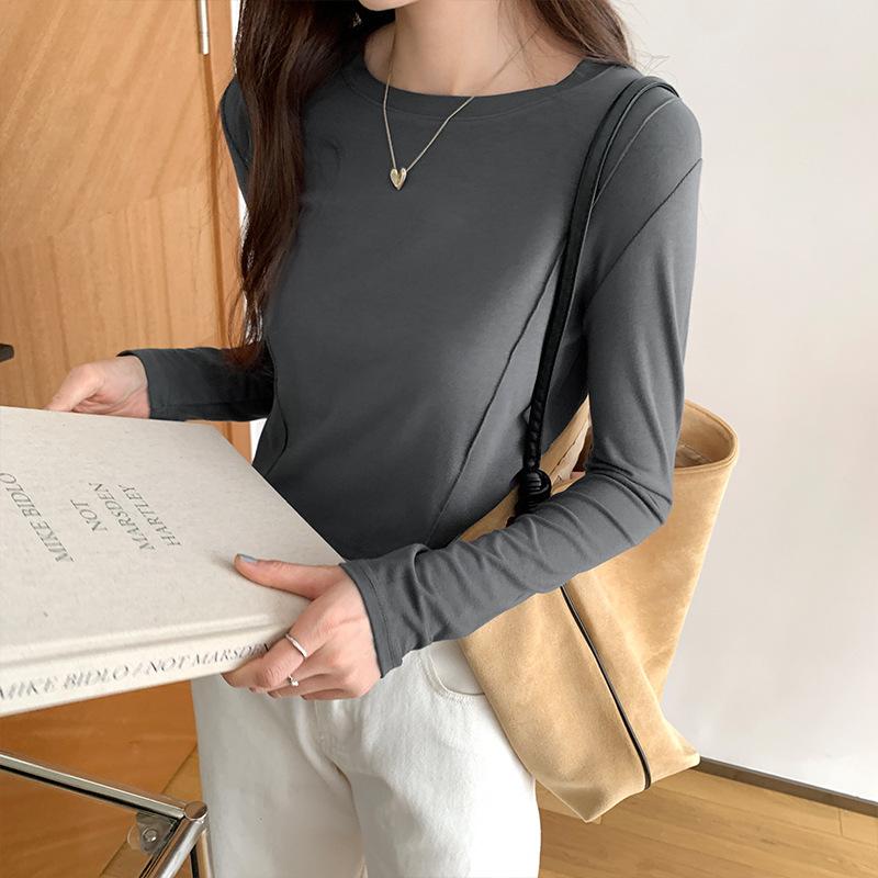 

Three-dimensional Fishbone Long-sleeved T-shirt for Women In Autumn New Solid Color Slim Fit High-waisted Short Bottoming Shirt Top S