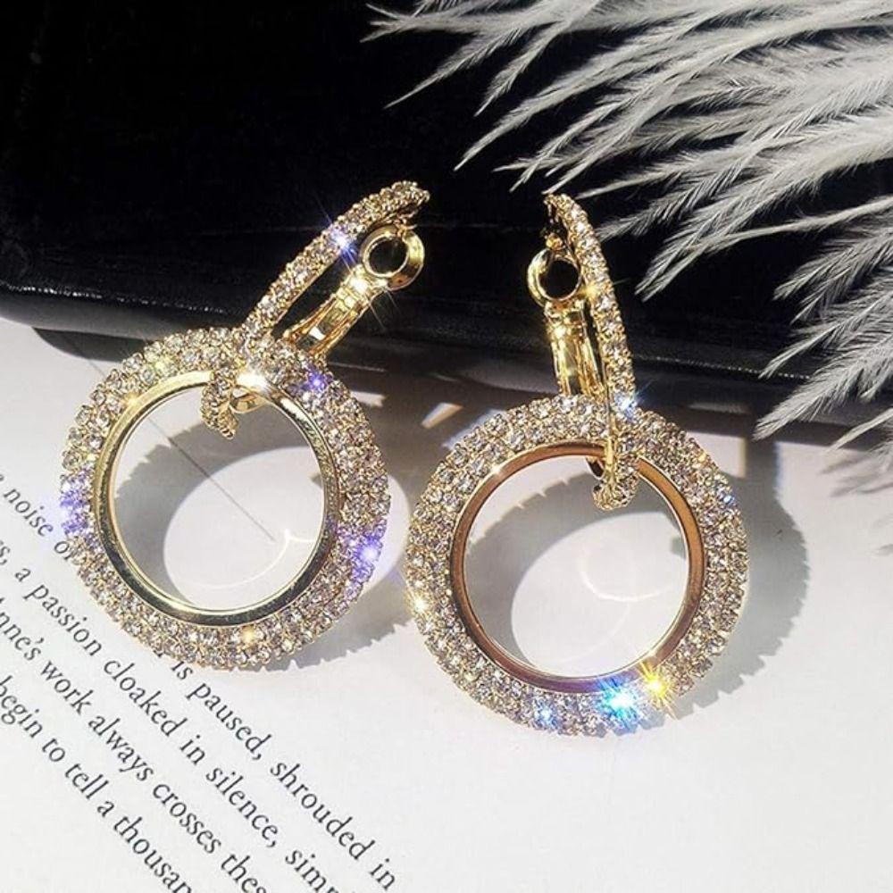 Rhinestone Ear Clips Round Diamond Earrings Elegant Hoop Earrings  Woman Girls