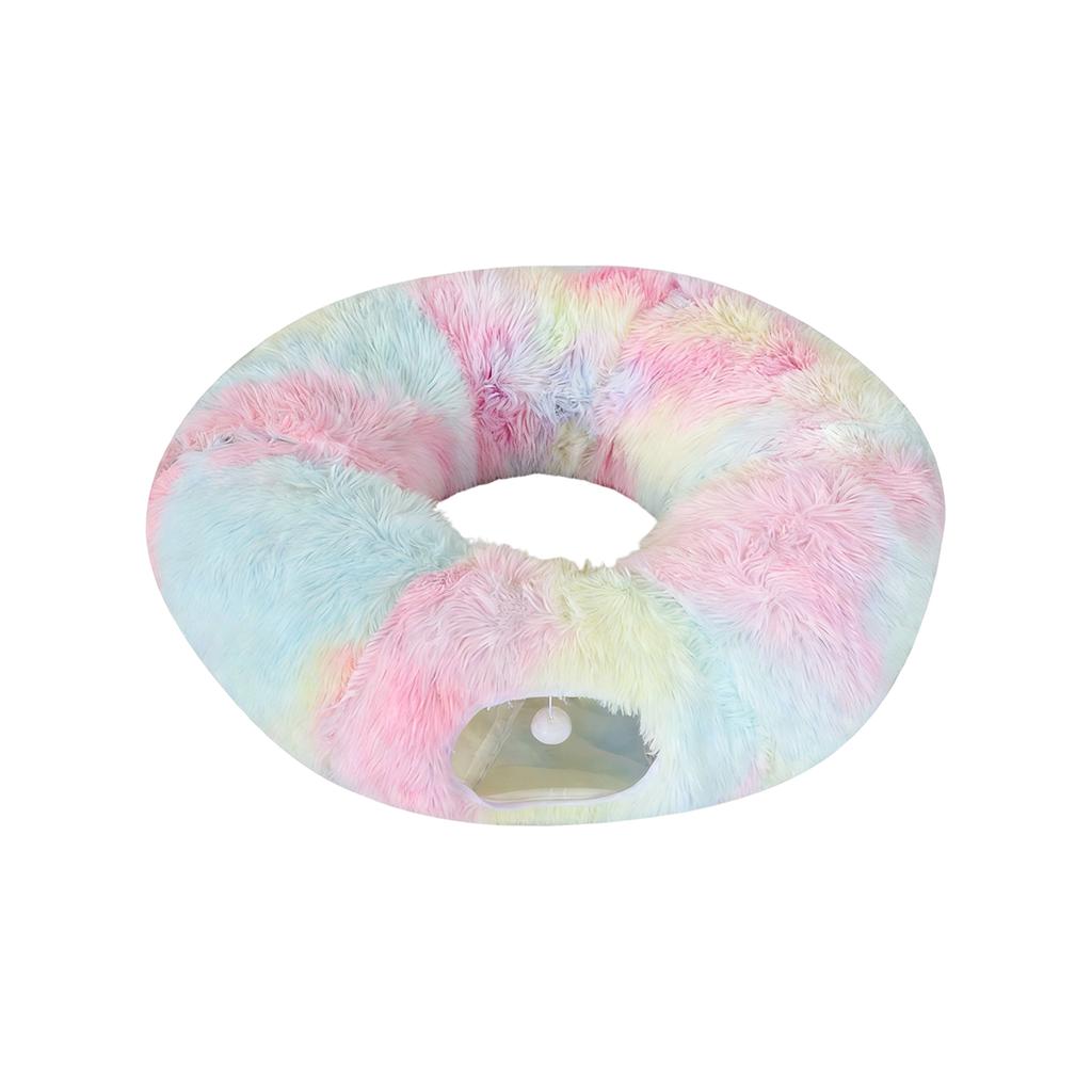 Plush Foldable Donut Cats Tunnel - Warm PV Fleece Cats Cave With Hanging Pom-Pom Toy, Self-Entertaining Pet Hideout & Rest Bed For Cats