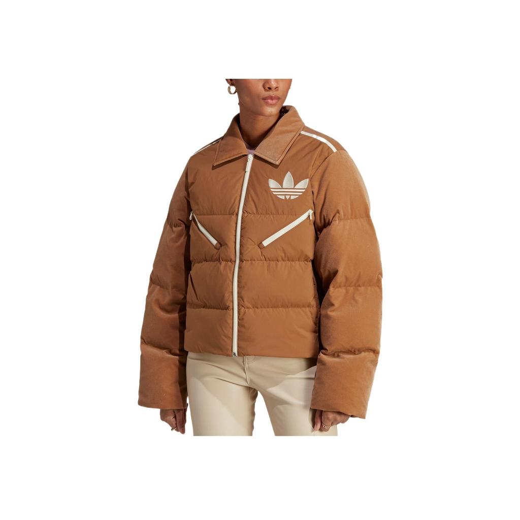 Adidas Puf din catifea Originals, cu imprimeu cu logo și guler cu fermoar, îmbrăcăminte exterioară pentru femei maro IB2028