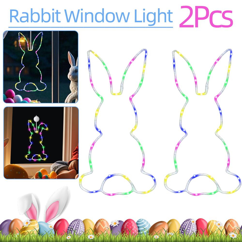 2Pcs LED Easter Hanging Fairy Lights with Suction Cup Cute Bunny Window Light Battery Operated for Festive Atmosphere Decoration