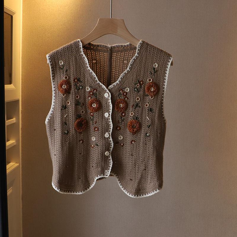 Spring Korean Style Women's Forest Style Three-dimensional Small Flower Embroidery Vest Knitted Cardigan