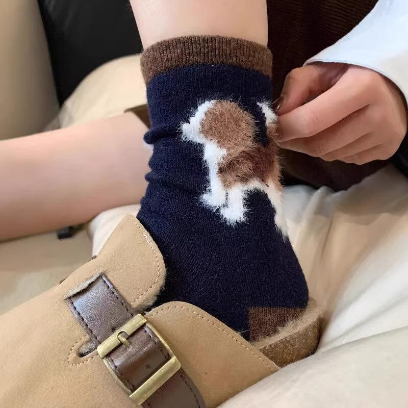 Autumn And Winter Brown Flocked Wool Medium Tube Socks Cute Color Matching Cartoon Dog Thickened Warm Stacking Socks Calf Socks
