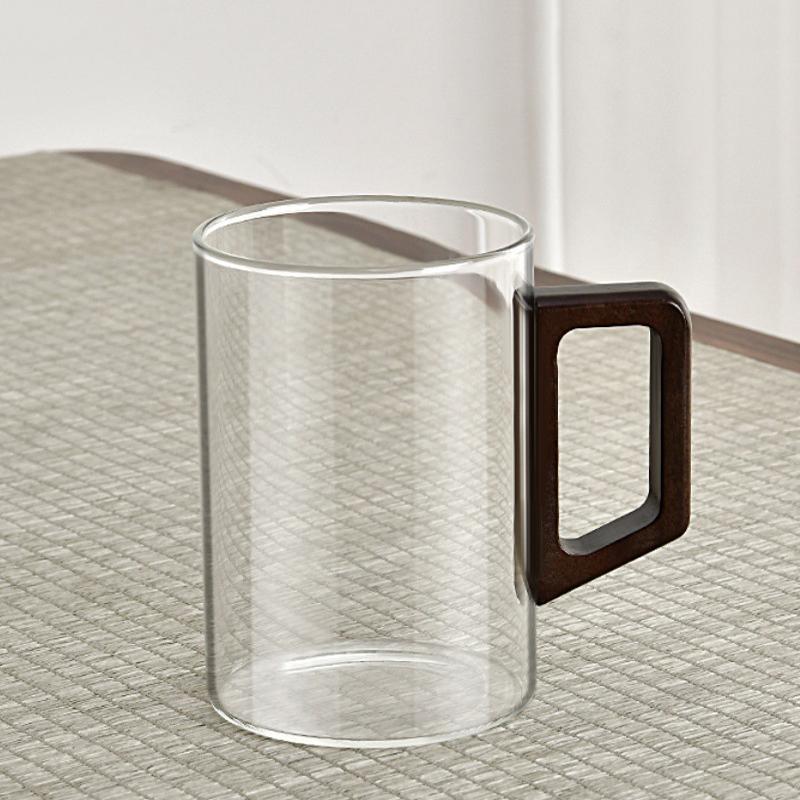 

1/2Pcs 400Ml Large Capacity Heat-Resistant Glass Cup With Walnut Handle For Household Office Tea Making And Drinking Mug 1PC прозорий