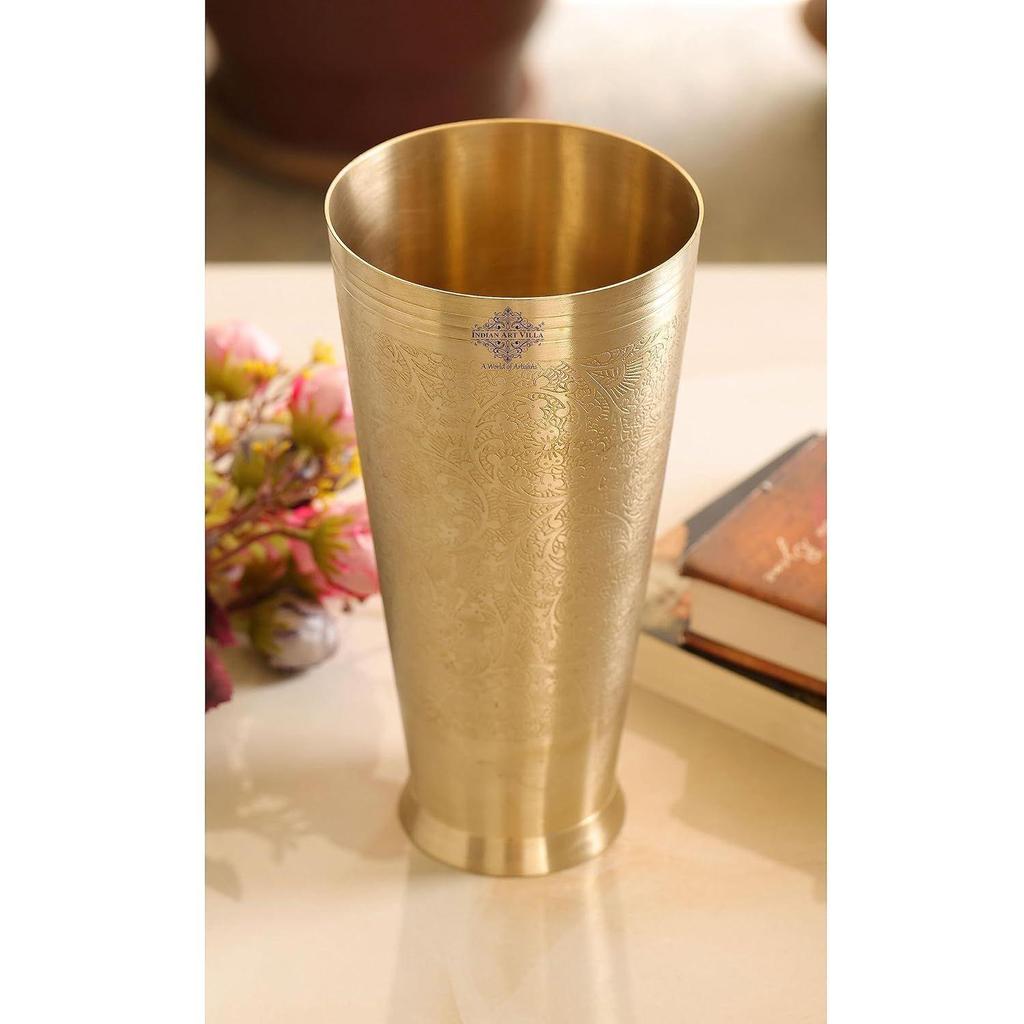 Brass Lassi Glass with Embossed Design, Drinkware & Serveware for Lassi, Milk, and Water, Height-8" Inches, Volume-1100 Ml