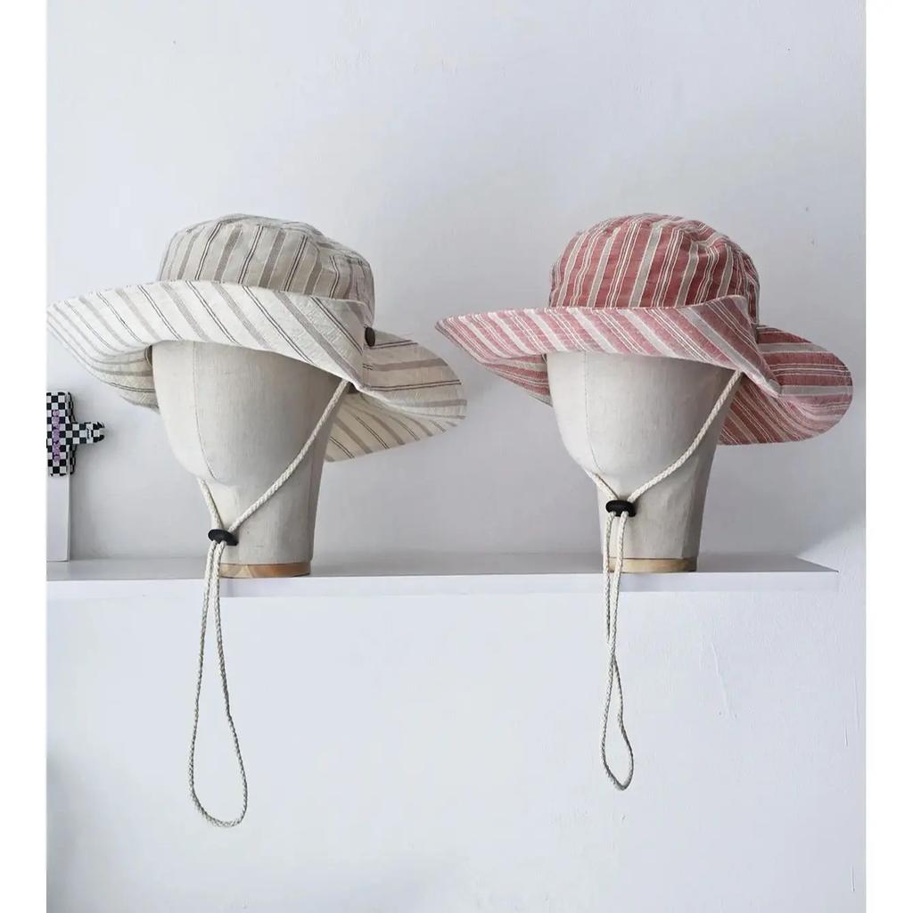 Stripesd Fisherman Hat Women's Summer New Large Brim Lanyard Sun Hat Outdoor Camping Style Hiking Mountaineering Hat Bucket Hat