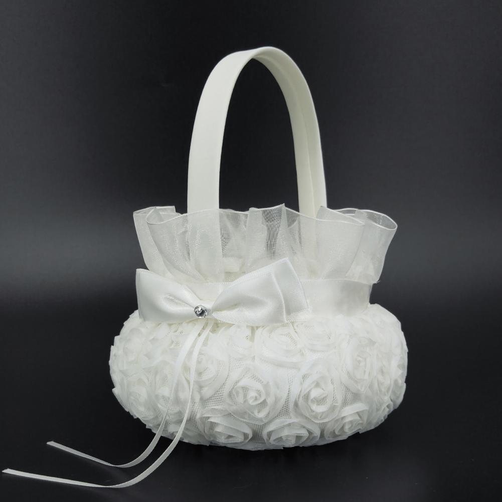 Romantic Flower Pearl Bowknot Basket Flower Basket Wedding Ceremony Party Rose Flower Girl Makeup Basket Party Petals Basket