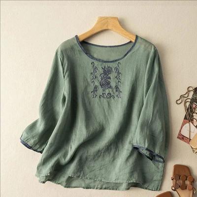 New Summer Cotton and Linen T-shirt for Women's Ethnic Style Casual and Versatile Embroidery Retro Top for Women's Tang Suit