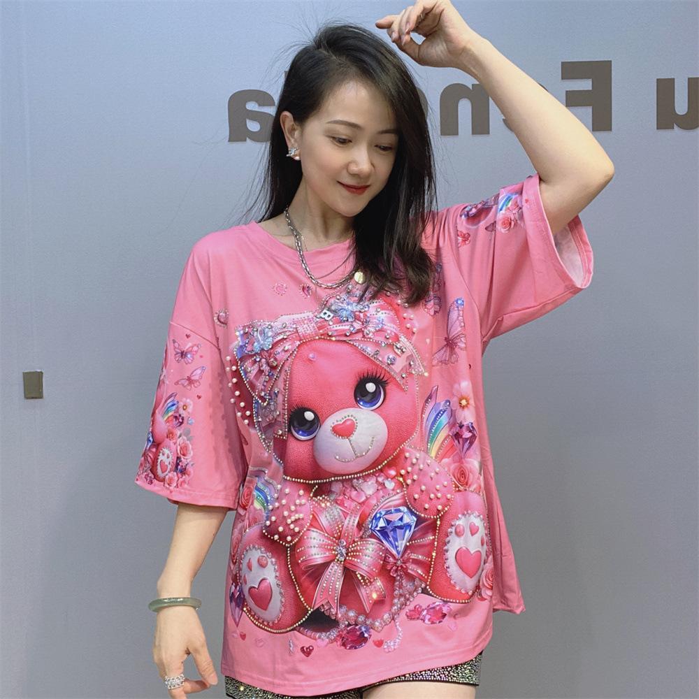 Fashion Printed T Shirts for Women Summer Clothes Casual Cartoon Bear Pattern Diamonds Beading Female Short Sleeve Tops Tee