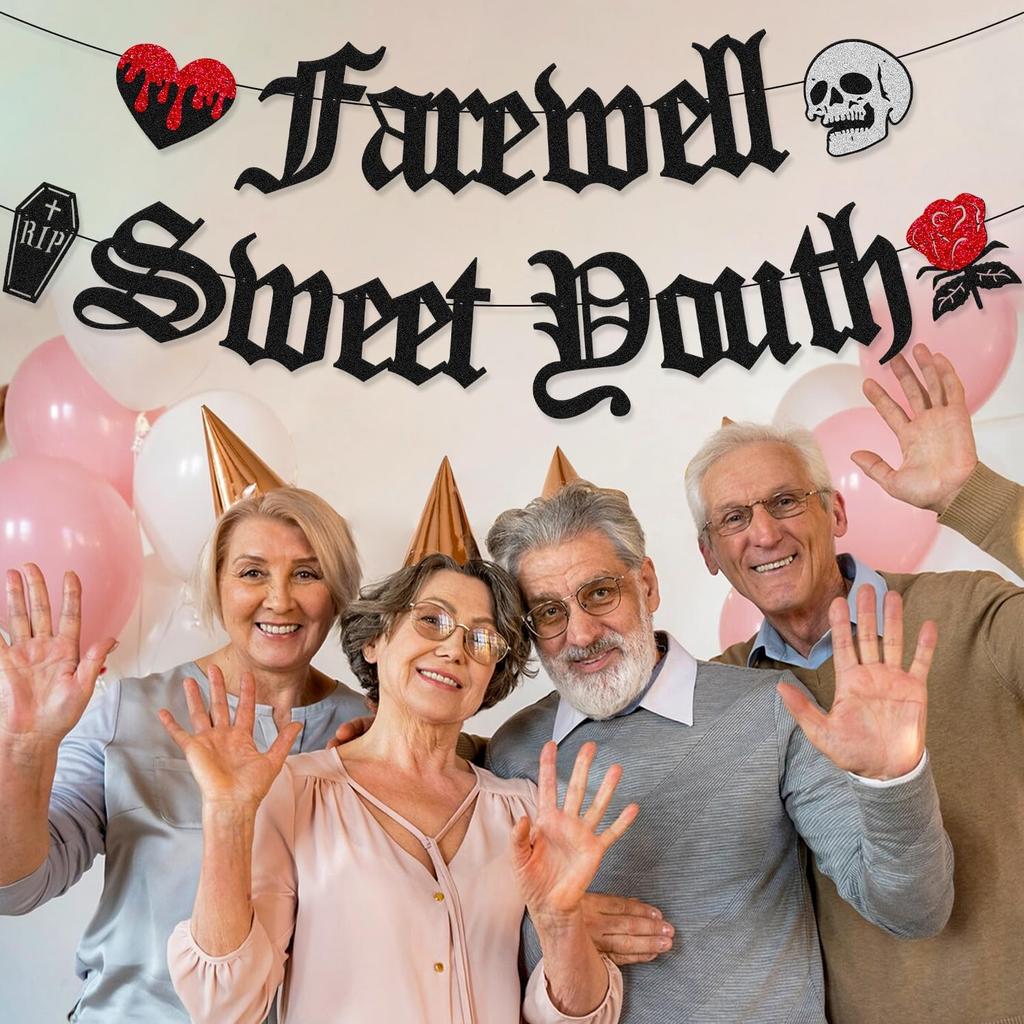 Farewell Sweet Youth Banner Funeral for My Youth Birthday Decorations Gothic Death Rip to my 20th 30th 40th bday Backdrop Bachelorette Retirment