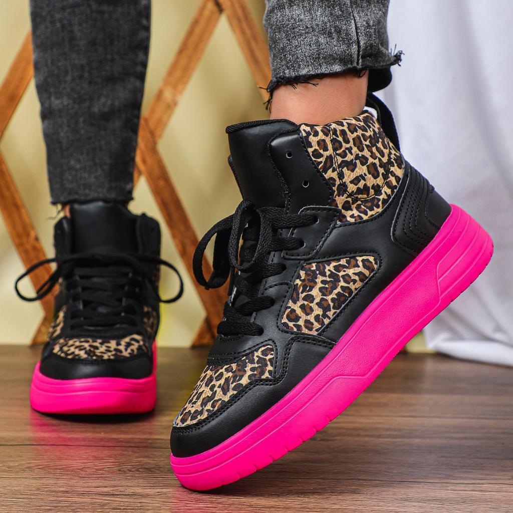 Spring Leopard Leather Platform Sneakers Women Luxury High Top Shoes Unisex Non-slip New Lace Up Thick Sole Ladies Casual Shoes