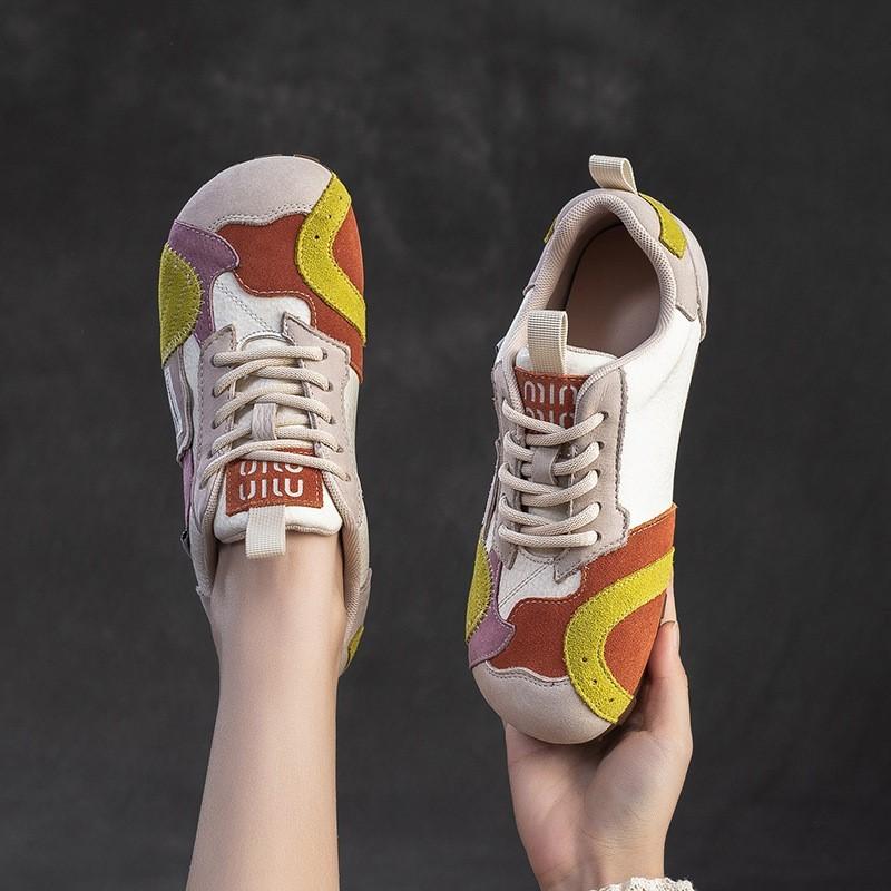 Johnature Color Contrasting Casual Flat Shoes Comfortable Lightweight Soft Soled Retro Women's Shoes
