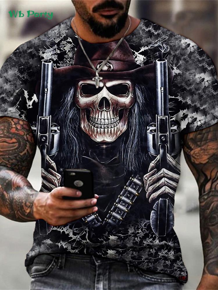Retro skull 3D print men's T-shirt, summer street style men's top, fashionable round neck short-sleeved T-shirt, new loose fit men's clothing.