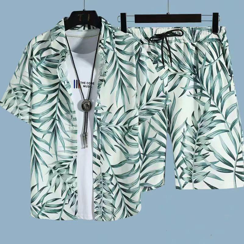 Set Coordinato da Uomo Casual a Maniche Corte Floreale Hawaiano ad Asciugatura Rapida e Pantaloncini da Spiaggia