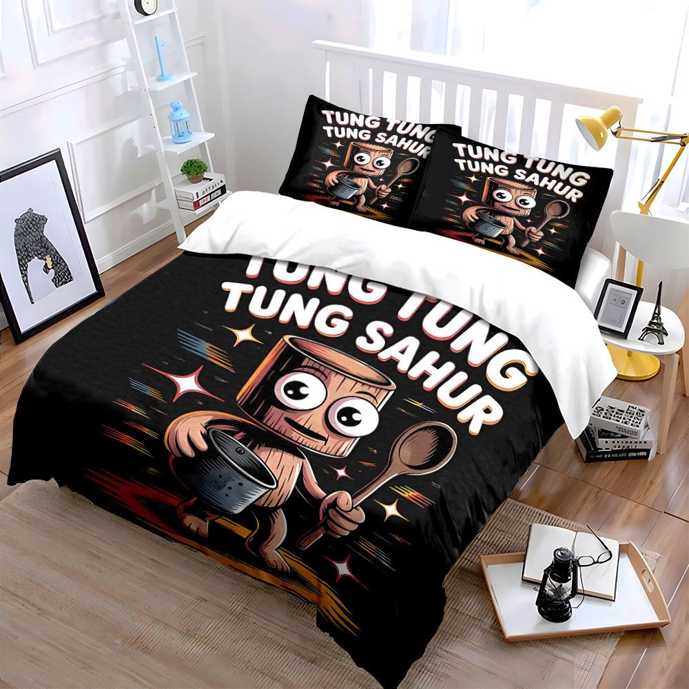 3Pcs Funny Wooden Man With Spoon Duvet Cover Set Tung Tung Sahur Cartoon Black Bedding Single Double King Queen Gift