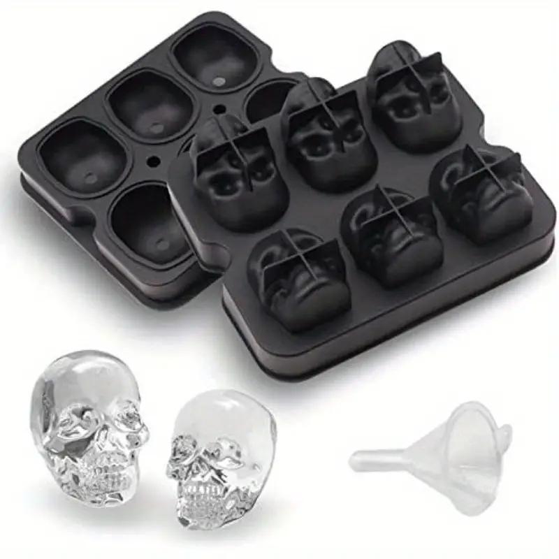 Halloween Party Ice Cube Mold - 3D Skull Shape Food Grade Silicone Tray 4/6 Cavity for Whiskey Cocktail, Spooky Baking Chocolate