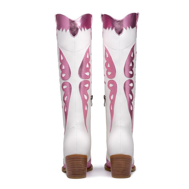 European and American new thick heel pointed head color matching embroidered western boots V mouth but knee high heel sleeve western boots women