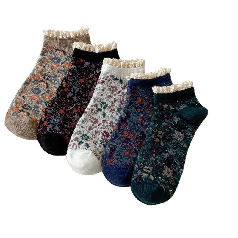 Spring And Summer Socks Japanese Retro Floral Lace Short Tube Women'S Socks Court Style Sweet Women'S Boat Socks Cotton