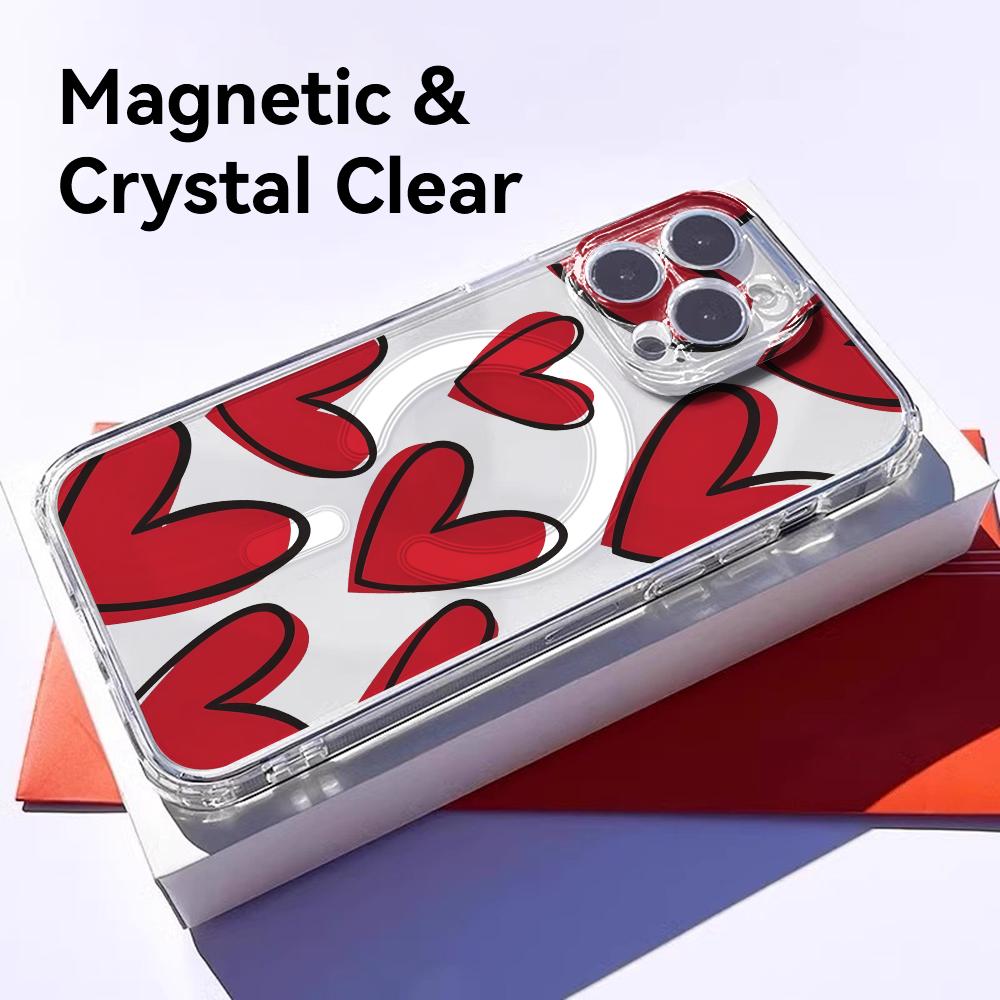 INS Fashion Heart Phone Case For iPhone 17 16 15 14 13 12 Pro Max Plus With Magnetic Crystal Clear Case Wireless Charge