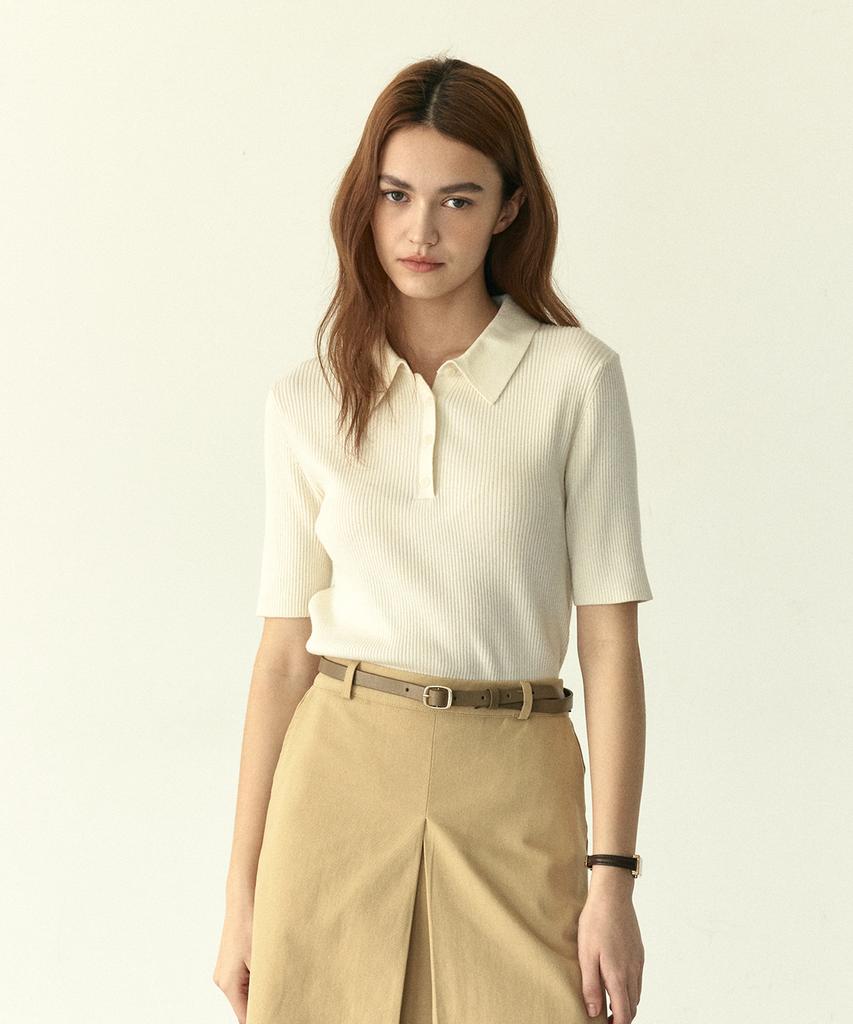 210EDIT Women'S Ribbed Collared Short Sleeve Knit - 5 Colors [Zg2Sw510]