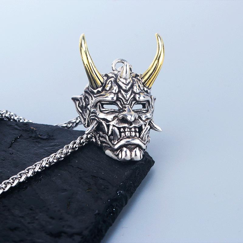 Vintage Golden Horn Hannya Ghost Mask Pendant Men Long Hip Hop Sweater Necklace