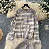 Autumn Winter Women Casual Striped Knitted Sweater Trouser Two Piece Set Full Sleeve Pullover Tops and Wide Leg Pant Tracksuit