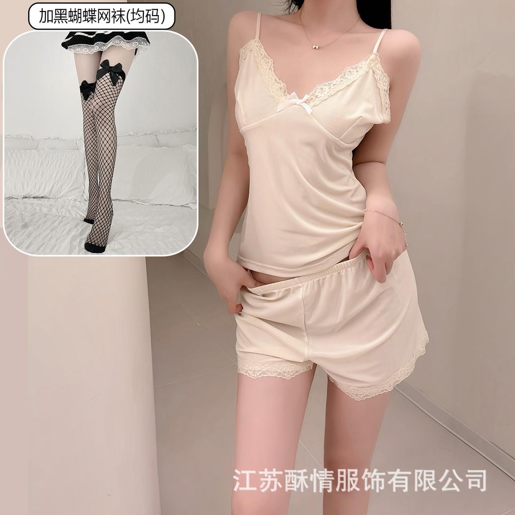 Crispy pajamas women's spring and summer girls' pure desire suspender shorts lace flower sexy pink loungewear set