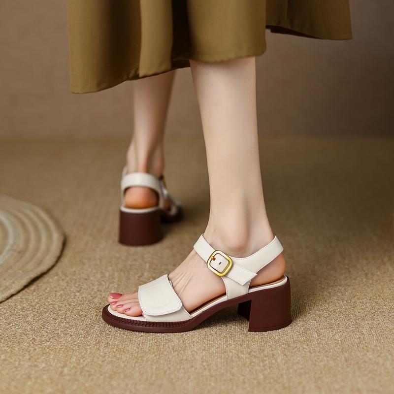 2024 New Square Toe Genuine Leather Sandals Woman Ladies Back Strap Slingbacks Shoes Buckle Square High Heel Sandals Women