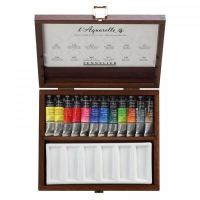 Sennelier Extra Fine Watercolor Wooden Box 12 10ml Tubes 1 Porcelain Palette
