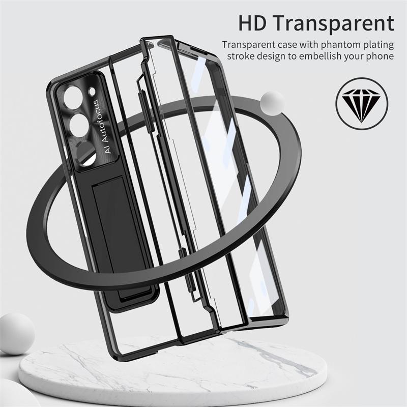For Samsung Galaxy Z Fold 8 Ultra /7 6 5 4 3 Transparent Plating PC Hinge Protect Full Body Cover Stand Case With Tempered Glass
