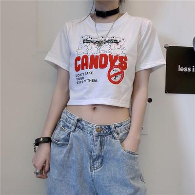 Women's summer short t-shirt female Hyunya navel Korean version ins trendy loose and thin couple's short top printing