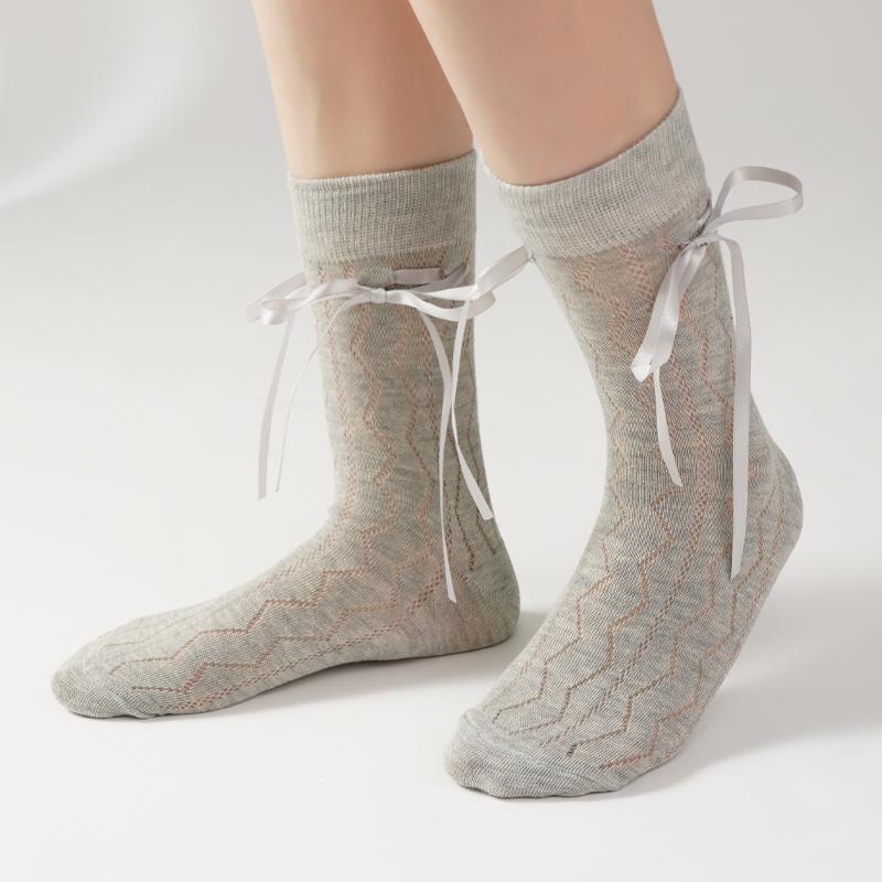 Lange Damen Socken Hohe Qualität Einfarbig Schleife Süße Socken Femme Netz Aushöhlen Niedlich JK Damen Ballett Bequeme Lockere Socken