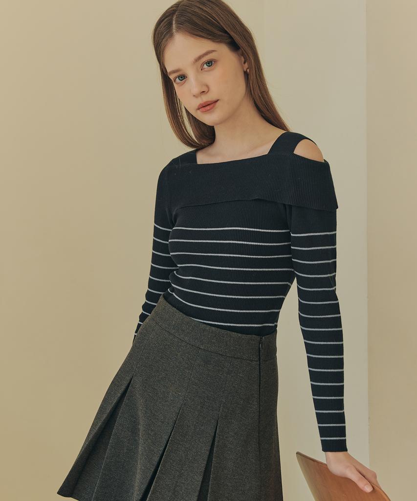 ZEROSTREET [3 Colors] Striped Asymmetrical Off-Shoulder Sweater