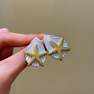 Silver Needle Starfish Dripping Oil Water Drop Shell Earrings Holiday Style Fashion Versatile Earrings Light Luxury Premium Earrings