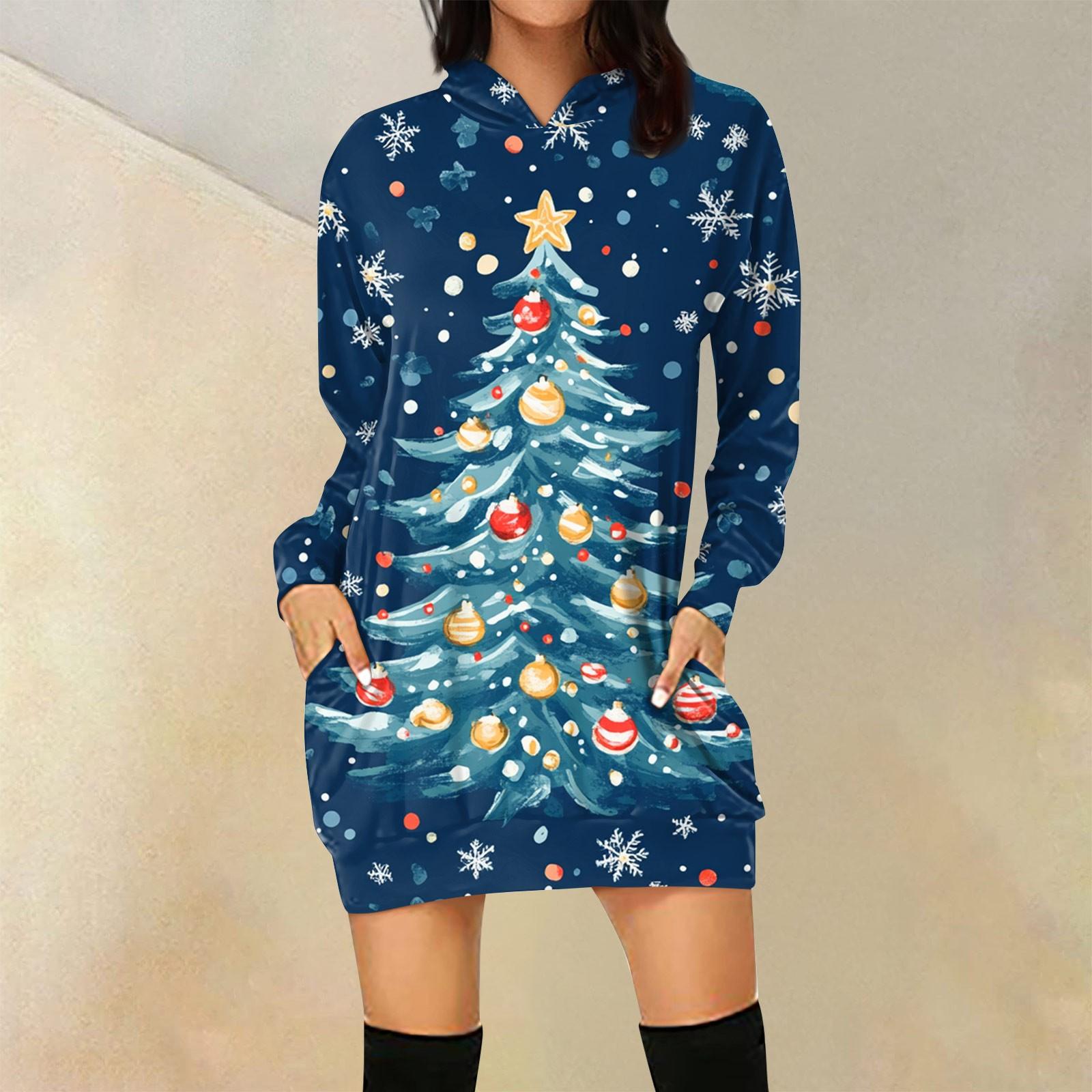 

Жіноча вільна повсякденна толстовка з кишеньковим довгим рукавом і різдвяним принтом, довгий топ L Темно-синій