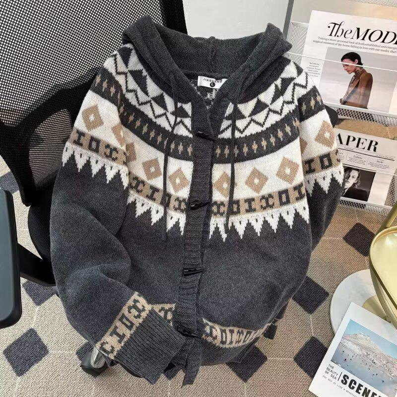 Unisex Fair Isle Horn Button Hooded Knit Cardigan Coat - Autumn/Winter Korean Style