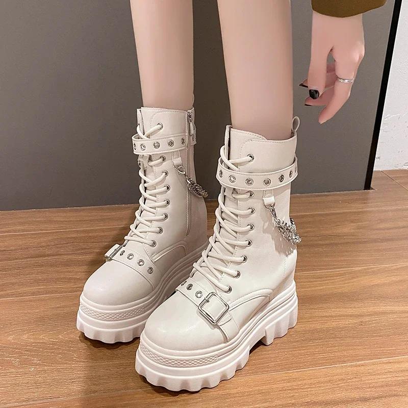 Fashion Women's Mid-calf Boots Autumn 2024 Fashion PU Leather Chain Platform Black Booties Punk British Style Casual Shoes for Ladies