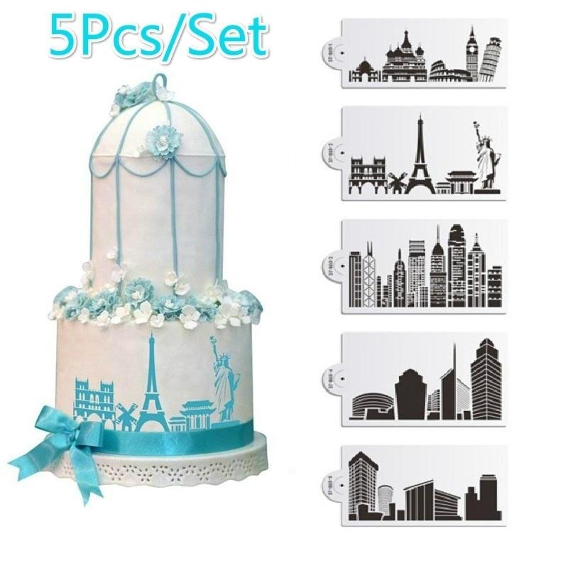 5 ks/sada Šablona na dort Pečicí forma Opakovaně použitelná Airbrush Eiffelova věž Socha Svobody Malování Umění DIY