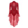 Womens Figure Skating Rhinestones Bodysuit Long Sleeve Backless Tiered Ruffled Tulle Skirted Leotard