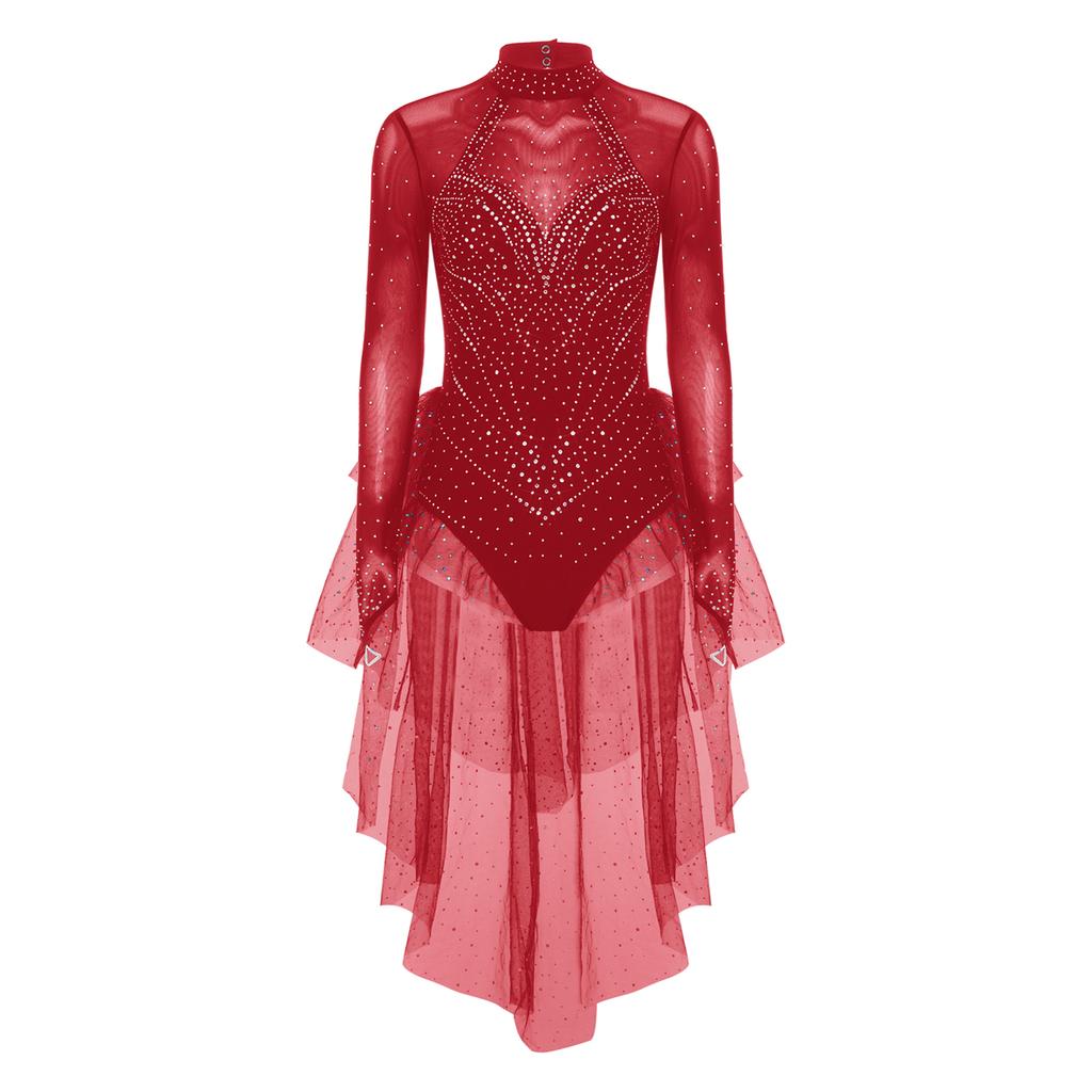 Womens Figure Skating Rhinestones Bodysuit Long Sleeve Backless Tiered Ruffled Tulle Skirted Leotard