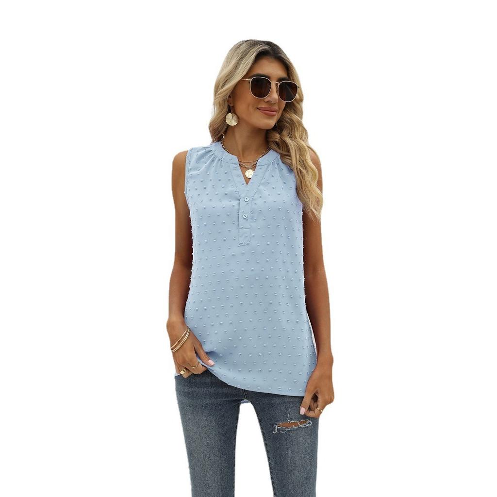 Summer Women's Solid Color Chiffon Loose V-Neck Jacquard Sleeveless Casual Vest Top for Crossborder European American
