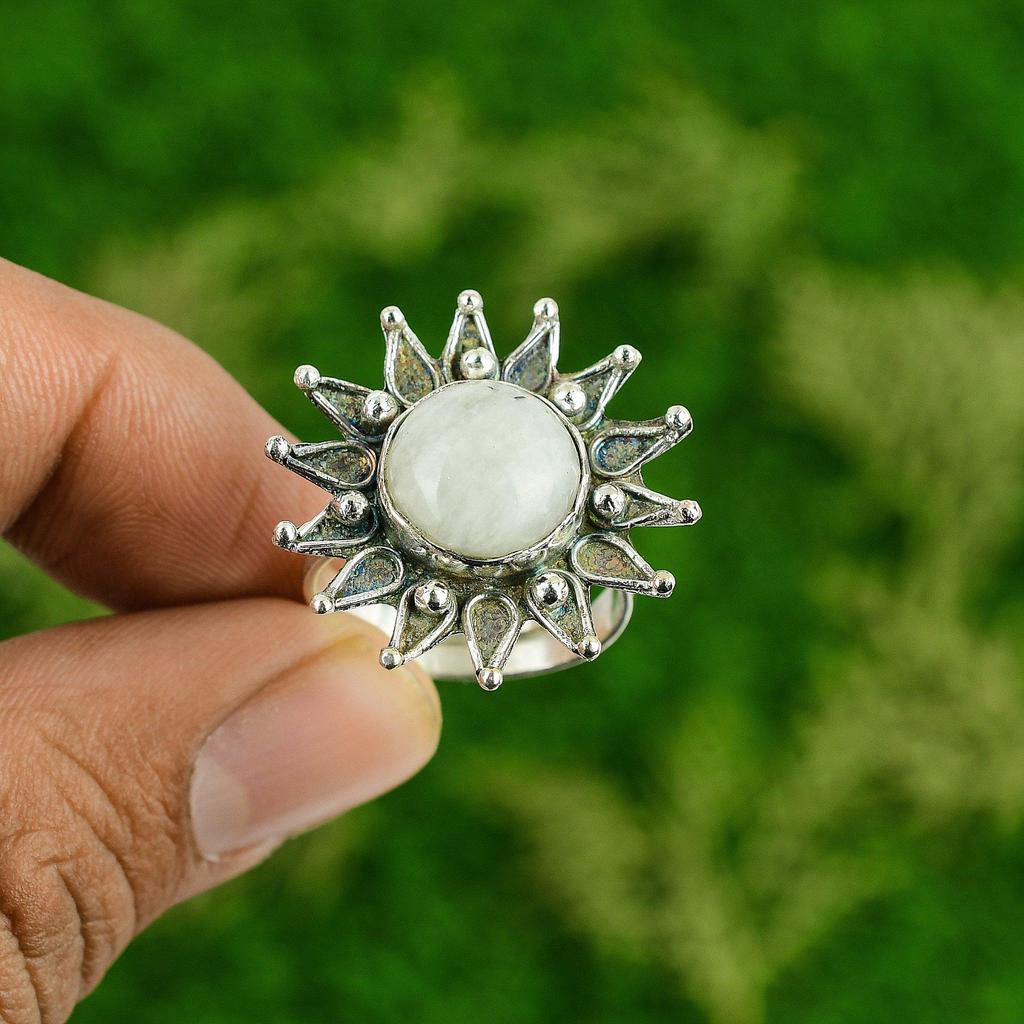 Natural Rainbow Moonstone Gemstone Promise Flower Adjustable Ring 925 Silver